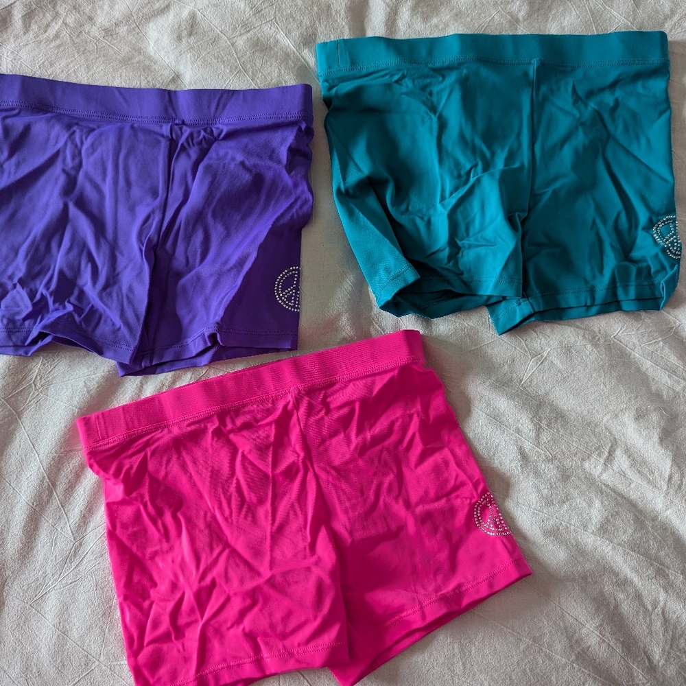 Lot Of 3 Child Athletic Shorts, Size Girl 9/10-M Purple, Turquoise and Hot Pink.